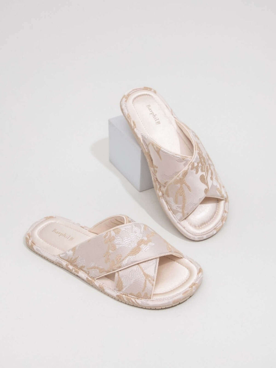 Classic Cross-Strap Embroidery Slippers
