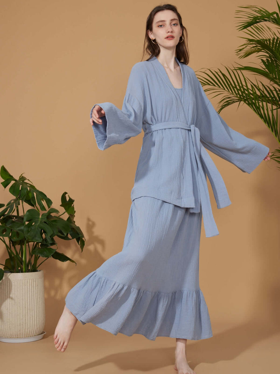Double Gauze Cotton Robe and Dress Pajama Set