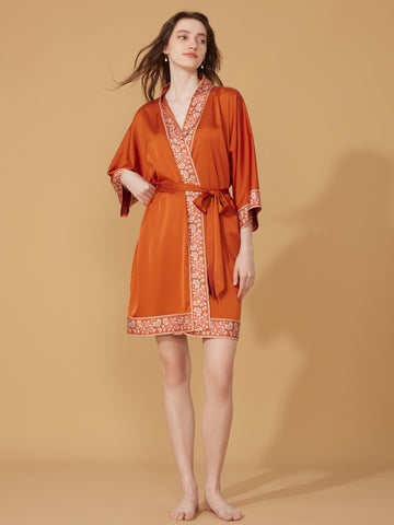 Luxuriously Orange Embellished Flower Short Robe