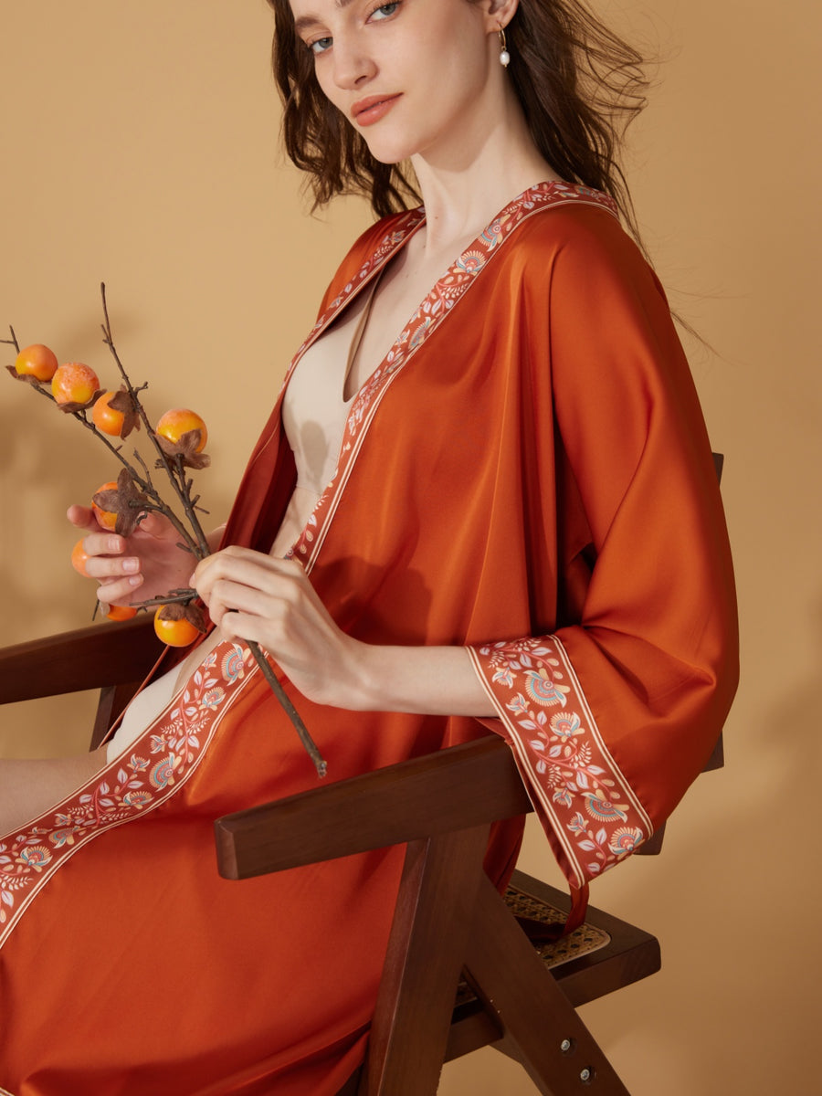 Luxuriously Orange Embellished Flower Short Robe