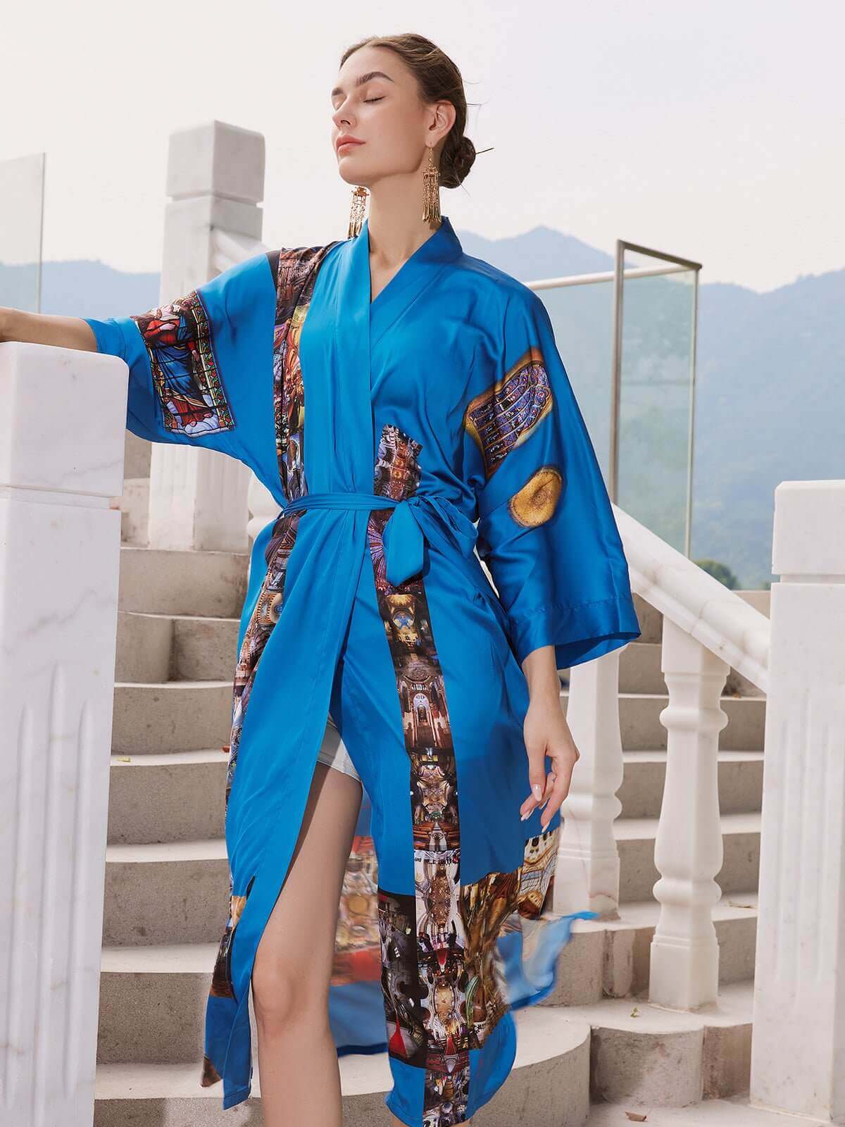 blue kimono dressing gown Long blue Satin wrap robe Belted kimono dressing gown for bridesmaid Satin maxi home robe wide sleeve Floor length bathrobe women