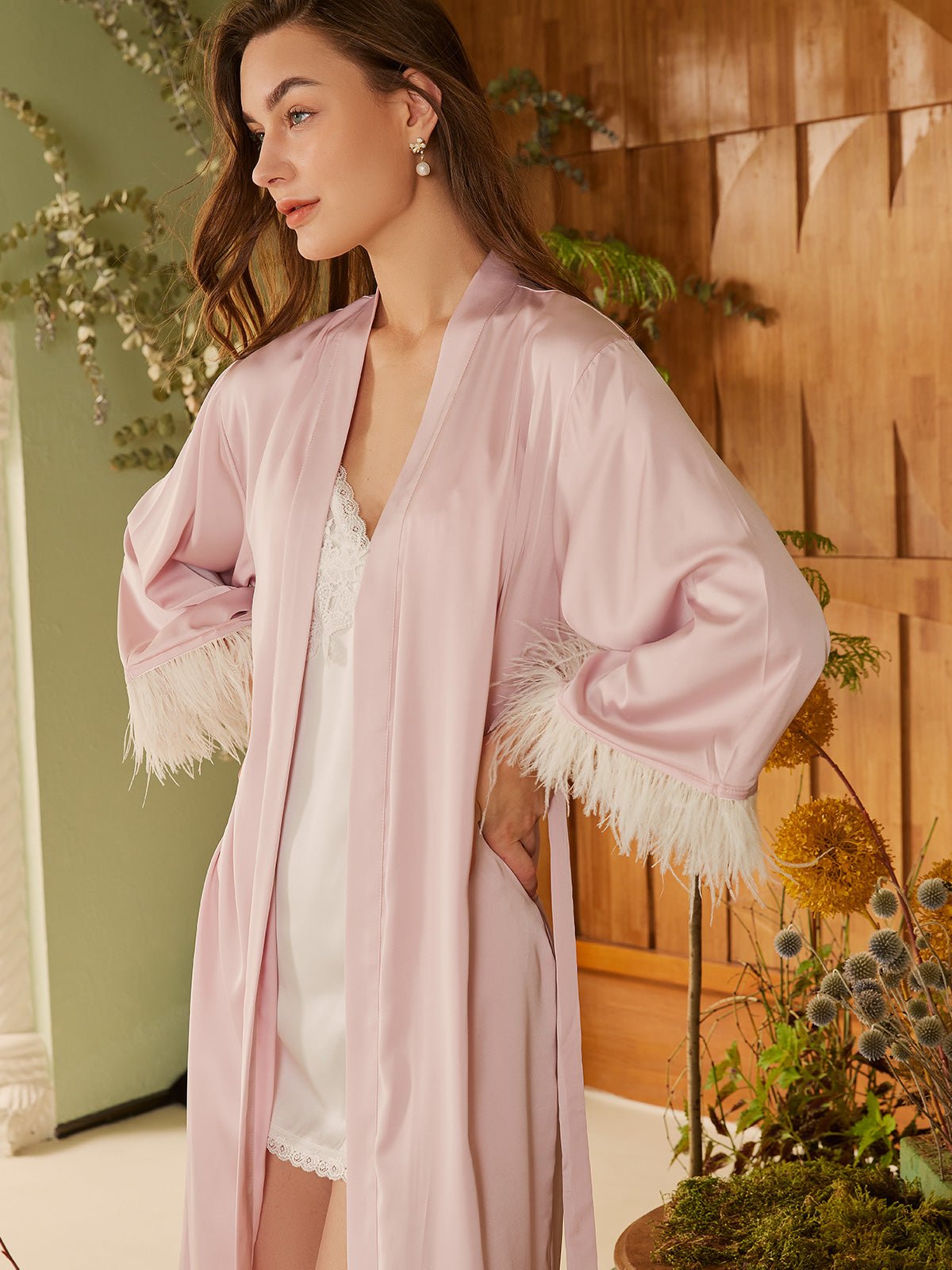 Feather Trim Pink Long Robe Dressing Gown for Bride - Ulivary