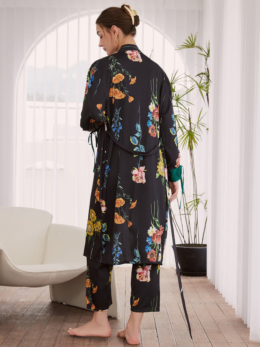 Floral Silk Pajama Set 3 Pcs - ulivary