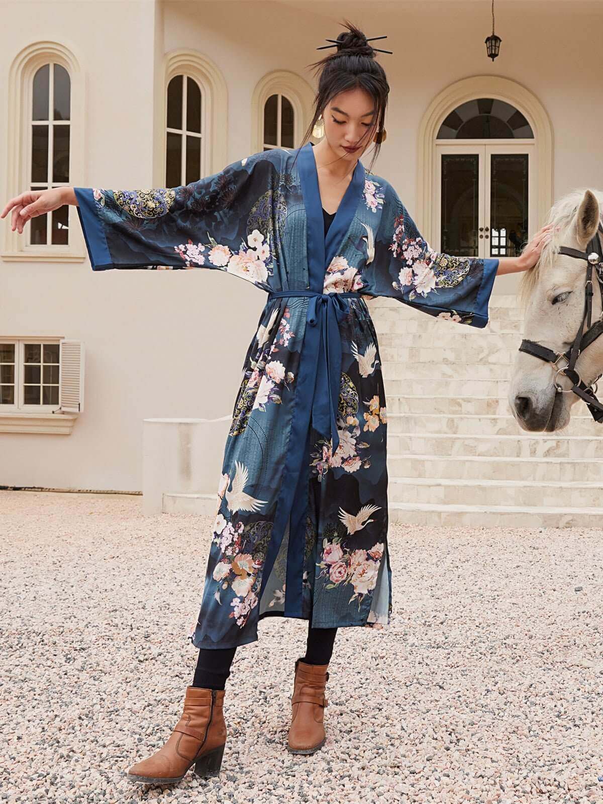 blue kimono dressing gown Short Kimono Robe - Summer Toile - Aegean Blue, XXL