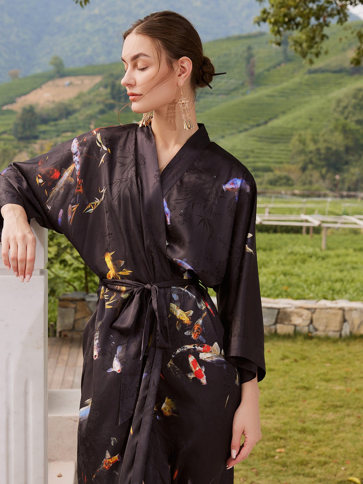 Black Ladies Kimono Robe, Koi Fish Jacquard Gown