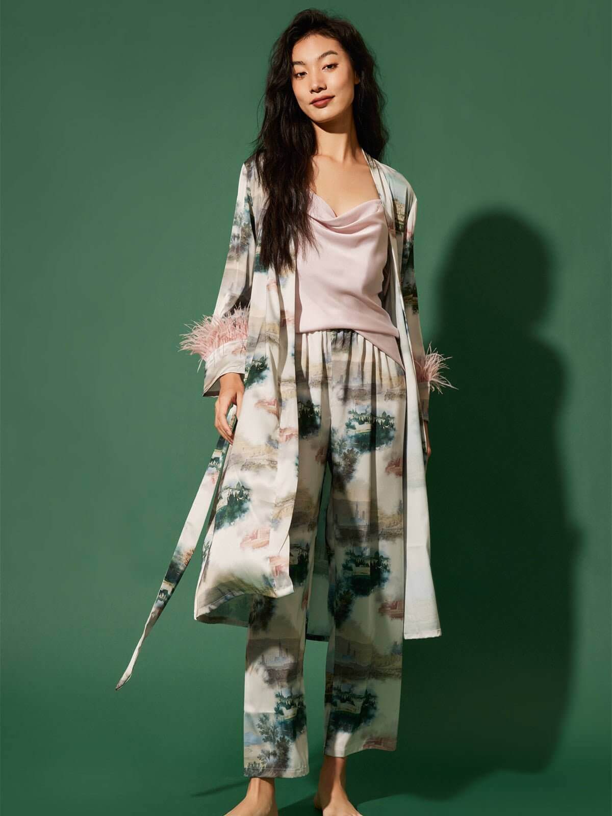 Feather Pajama Set Pcs with Luxurious Landscape Robe Ulivary