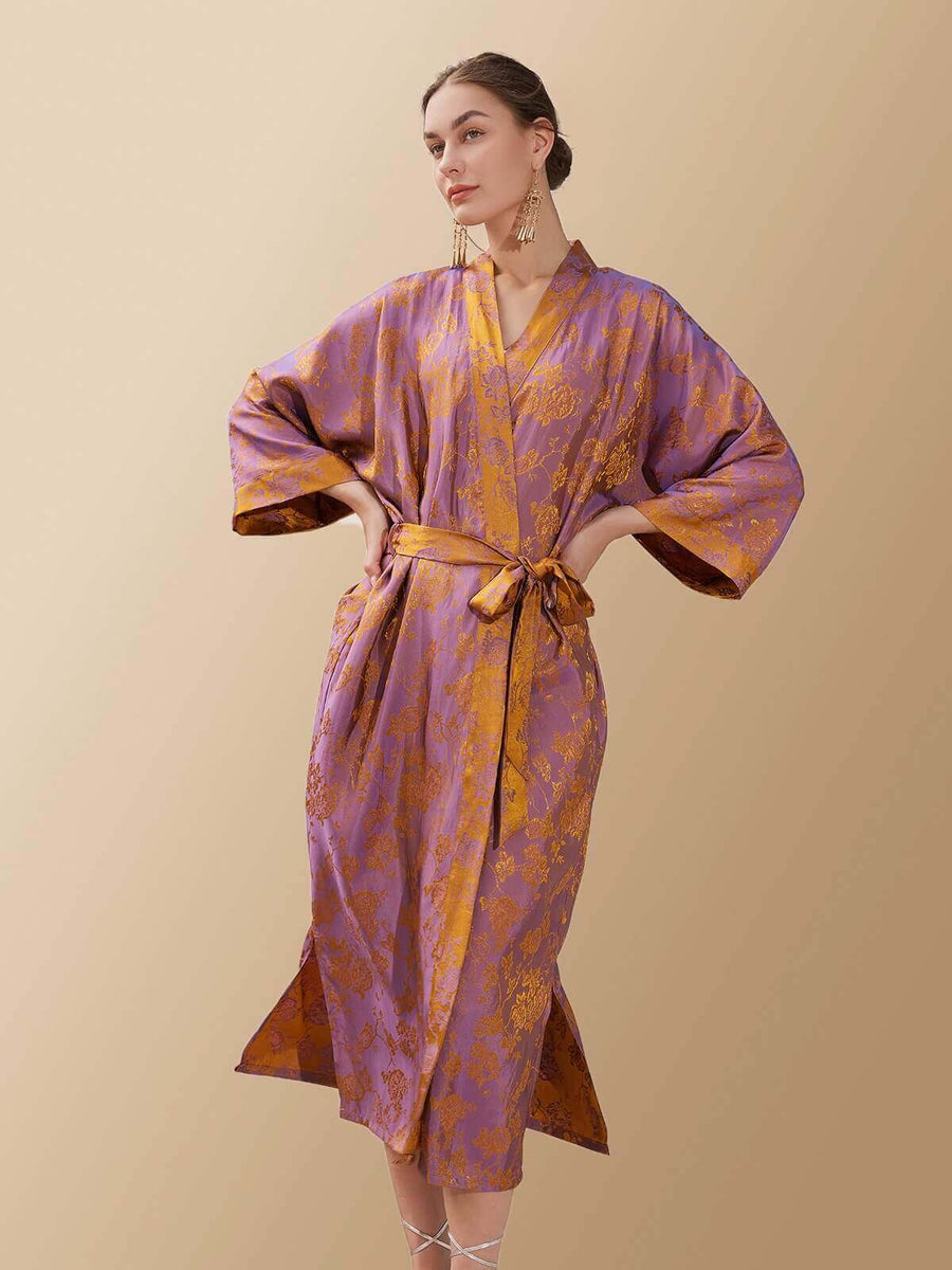 ladies dressing robe Women's Jacquard Silk Kimono Long Satin Traditional Solid Floral Purple Luxury Fit One Size Christmas Anniversary Gift Idea Arire African Print Midi or simply lounging at Size:Waist 32 LowStock:43328715849779