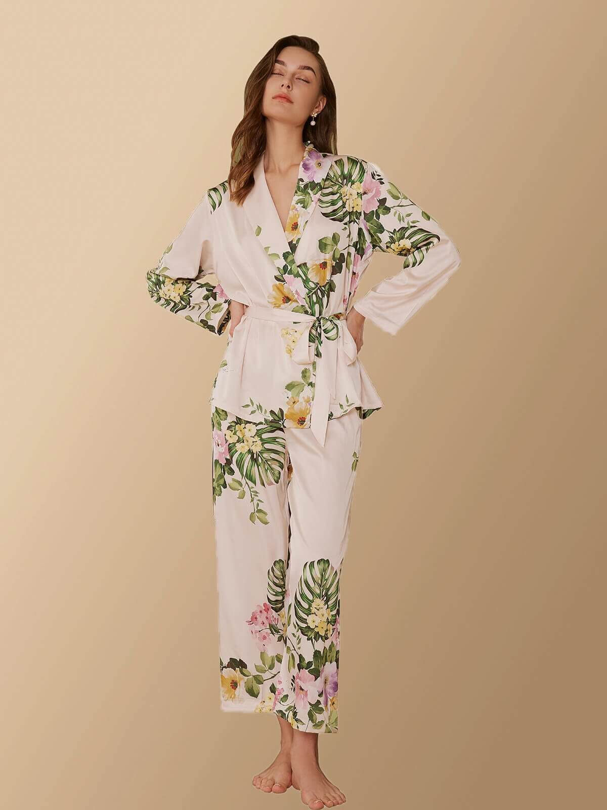 Tropical Floral Printed Pajama Set 2 Pcs Luxury Short Robe | Ulivary Tropical Floral Printed Pajama Set 2 Pcs Luxury Short Robe | Ulivary