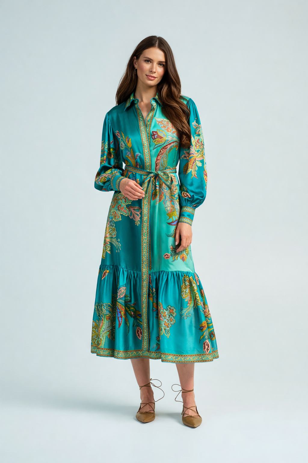 Delicate Floral V Neck Button Midi Dress