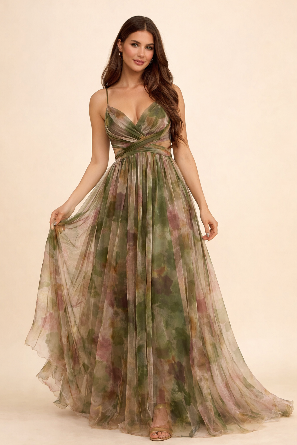 Painterly Floral V-Neck A-Line Maxi Dress