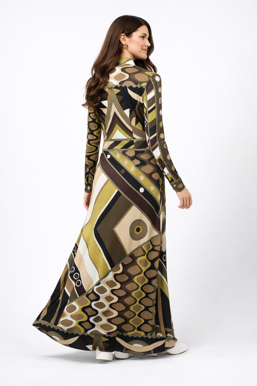 Retro Abstract Print Long Sleeve Maxi Dress