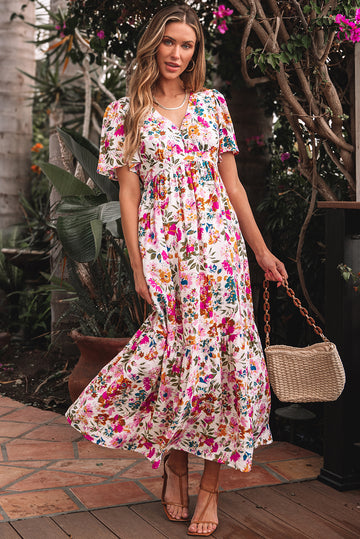 Green Floral Print V Neck Ruffled Trim Backless Tassel Waist Maxi Dres   ulivary