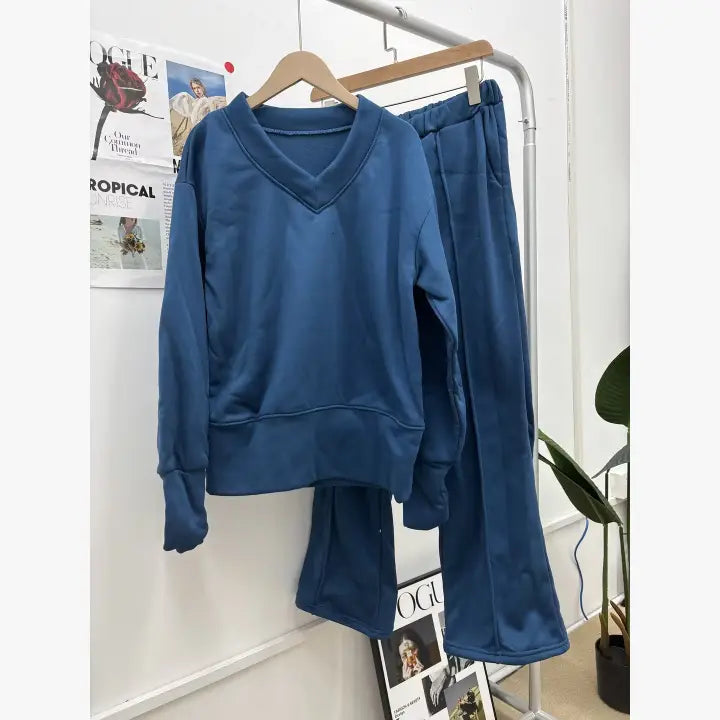 Ribbed Loungewear Set with Wide-Leg Pants