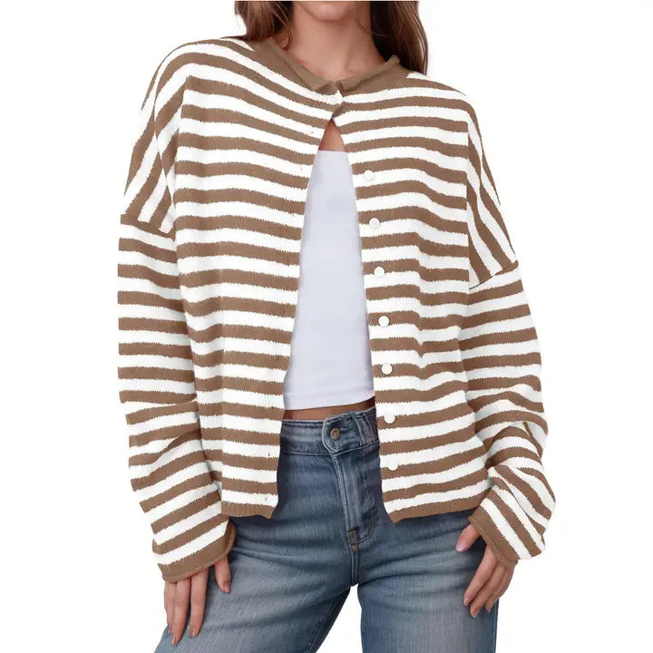 Striped Contrast Color Long Sleeve Cardigan