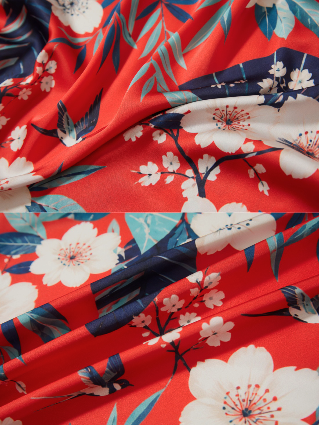 Coral Chinoiserie Kimono Robe with Pockets