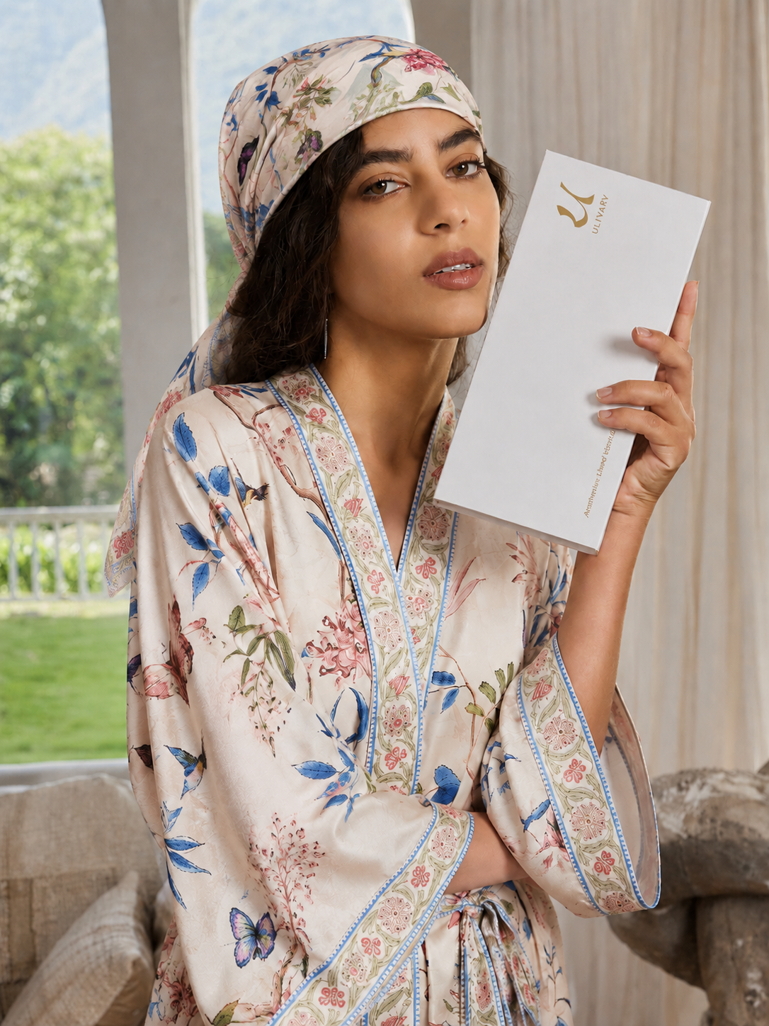 Beige Chinoiserie Charmeuse Floral Square Scarf