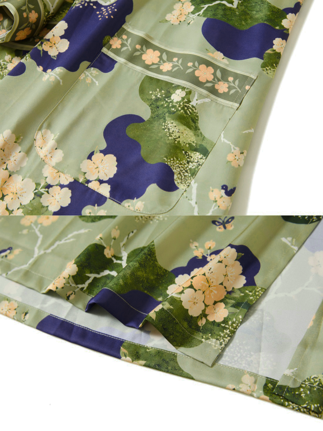 Olive Blossom Kimono Robe with Pockets