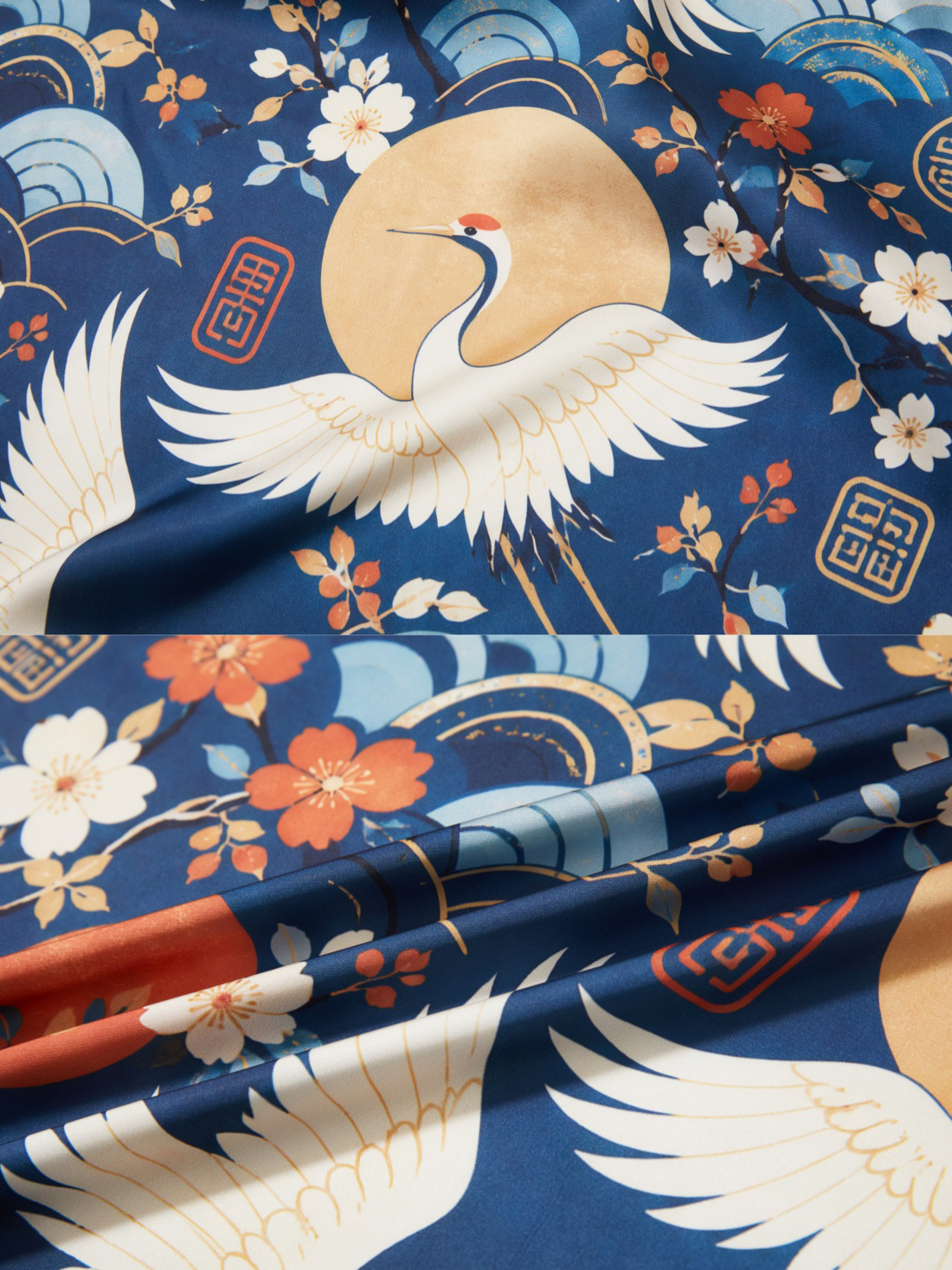 Moonlit Cranes Kimono Robe with pockets