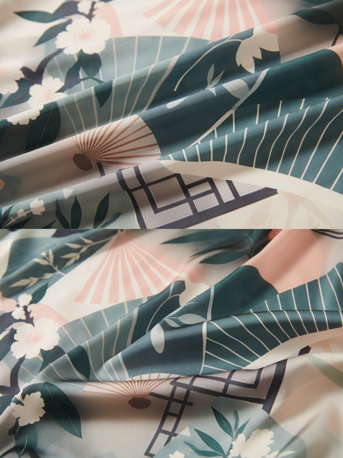 Sage Garden Fan Long Kimono Robe with Pockets