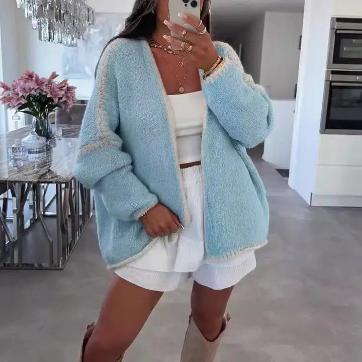 Women’s Solid Color Thick Knit Tweed Cardigan