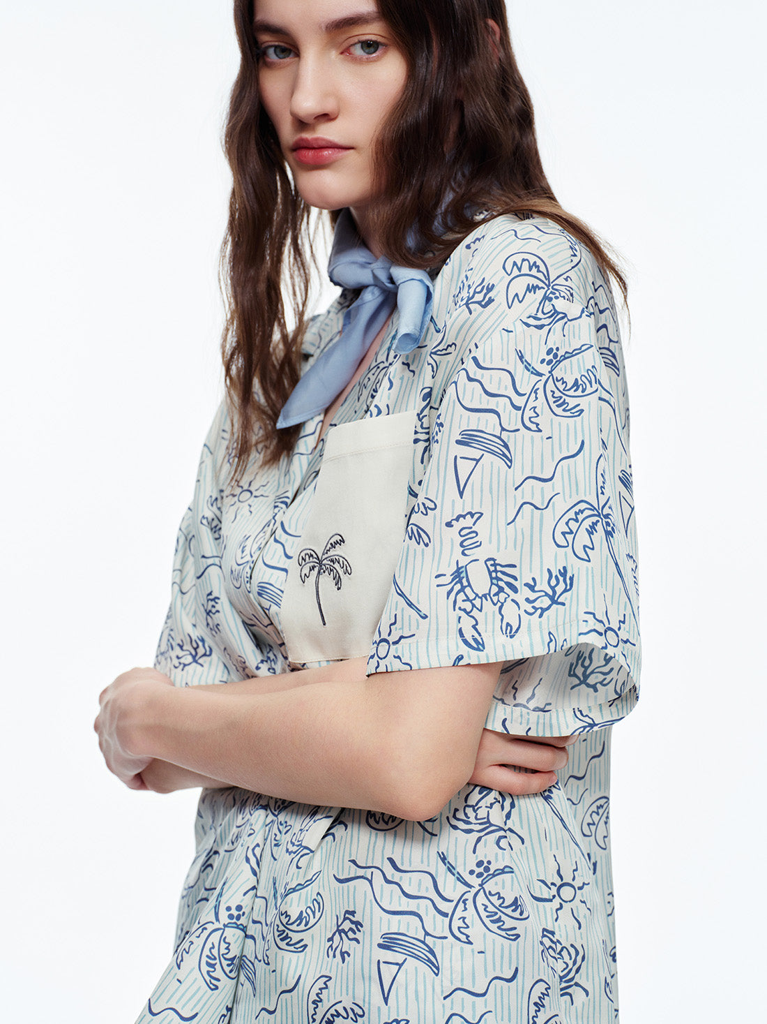 Milk Apricot Coastal Print Long Pajama Set