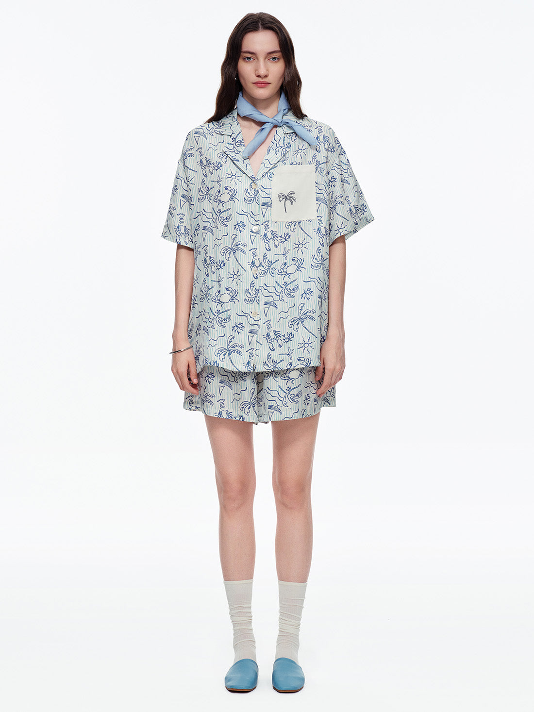 Milk Apricot Coastal Print Long Pajama Set