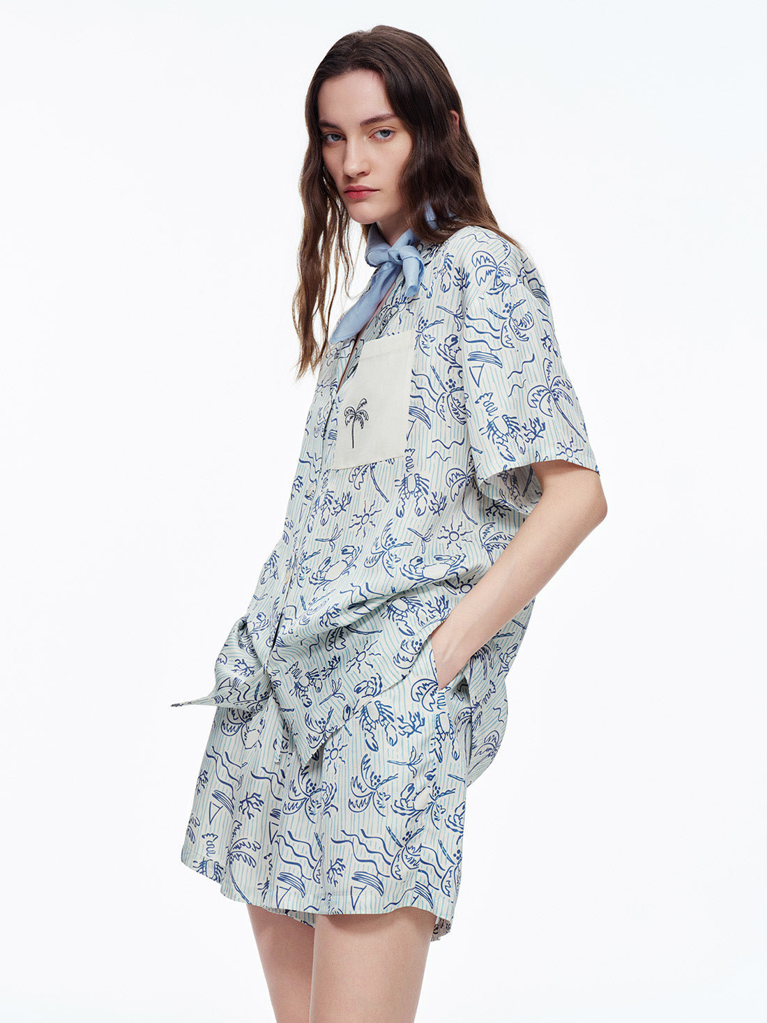 Milk Apricot Coastal Print Long Pajama Set