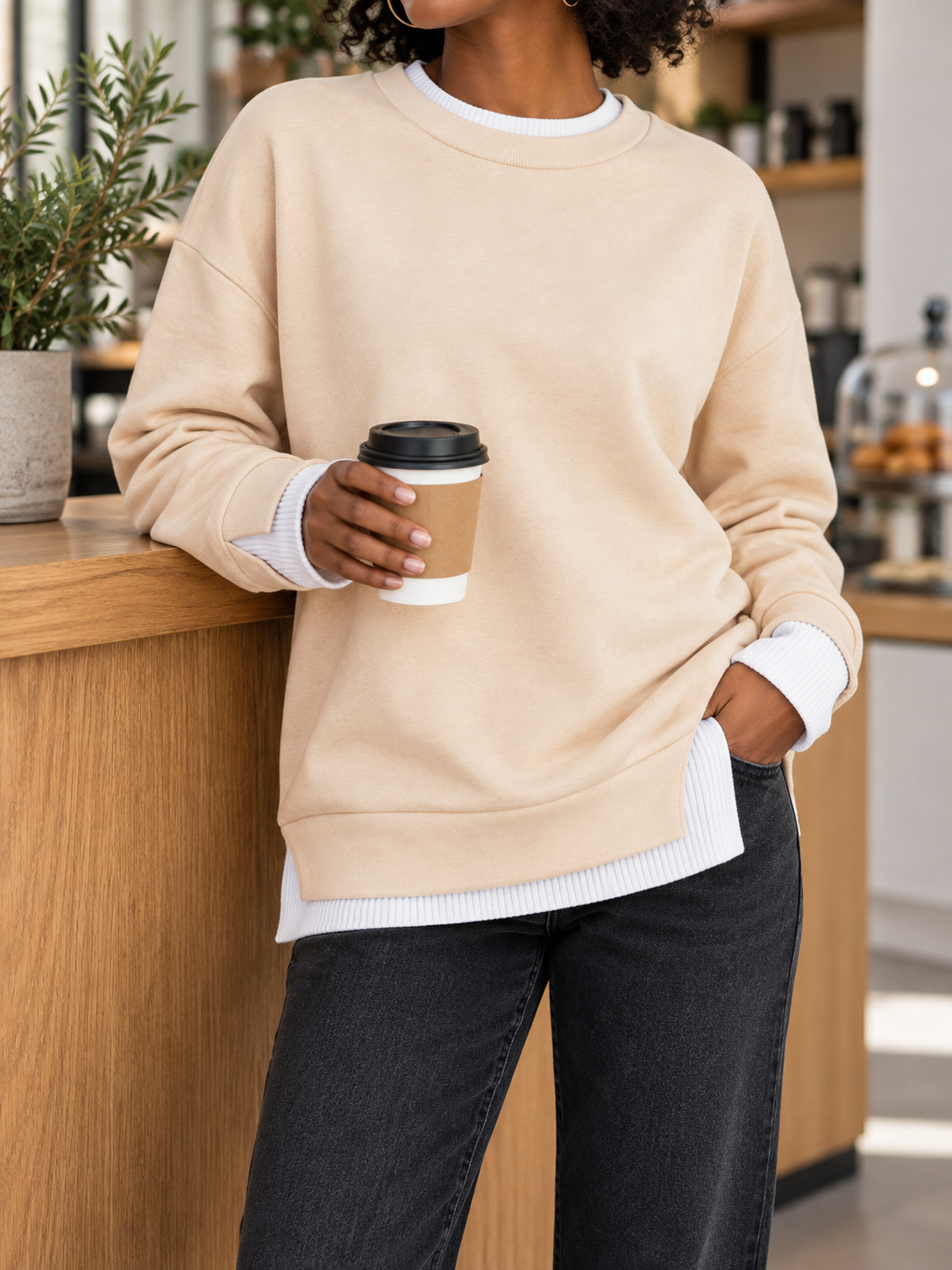 Layered Look Crewneck Sweatshirt with Contrast Soft Rib Trim