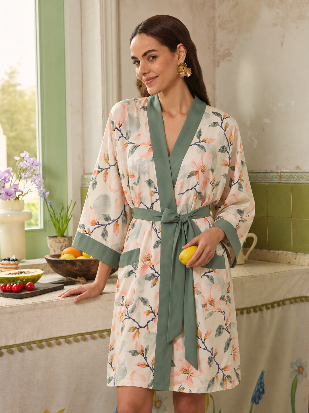 Soft Magnolia Short Robe with Pockets