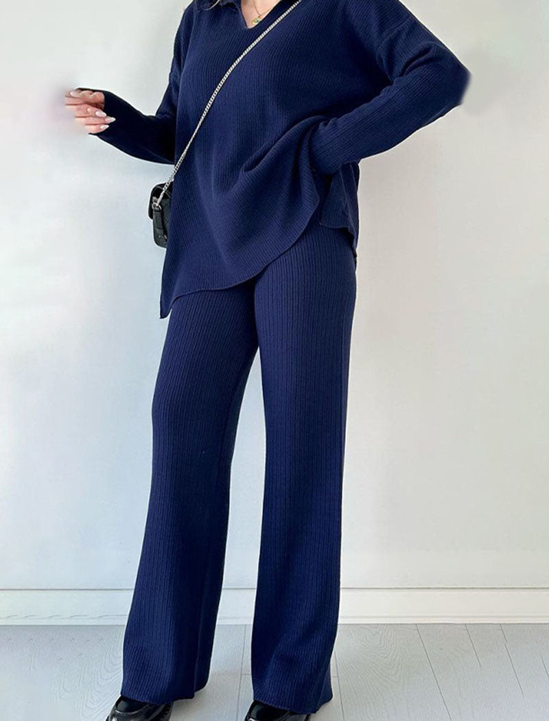 Ribbed Knit Lapel Sweater and Pants Set