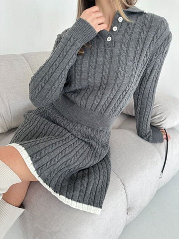 Ribbed Buttoned Sweater and Mini Skirt Set