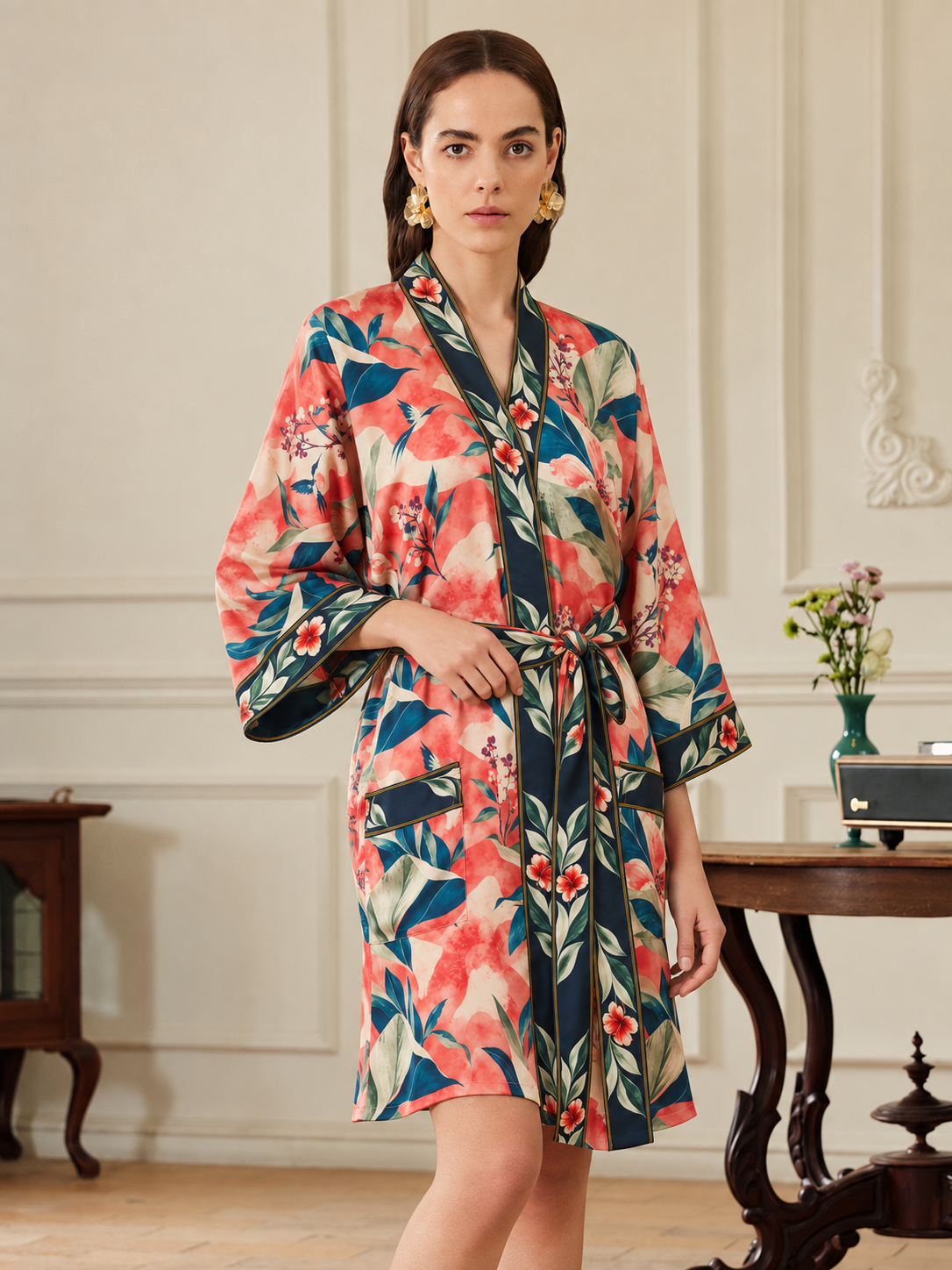 Coral Aviary Short Robe with Pockets