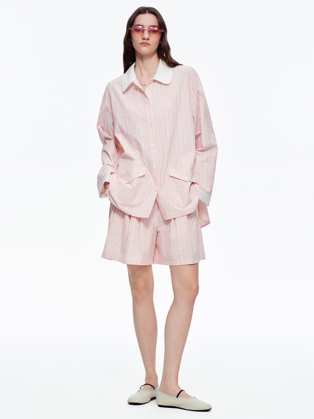 Blush Lace Stripe Short Pajama Set with Pockets