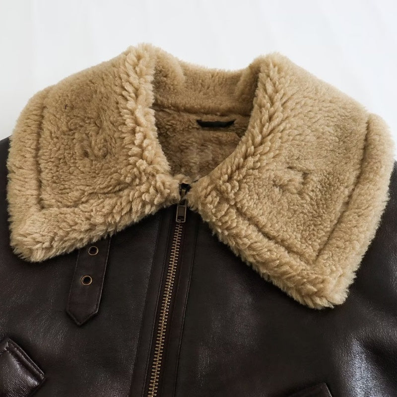 Faux Shearling Collar Zip-Up Jacket