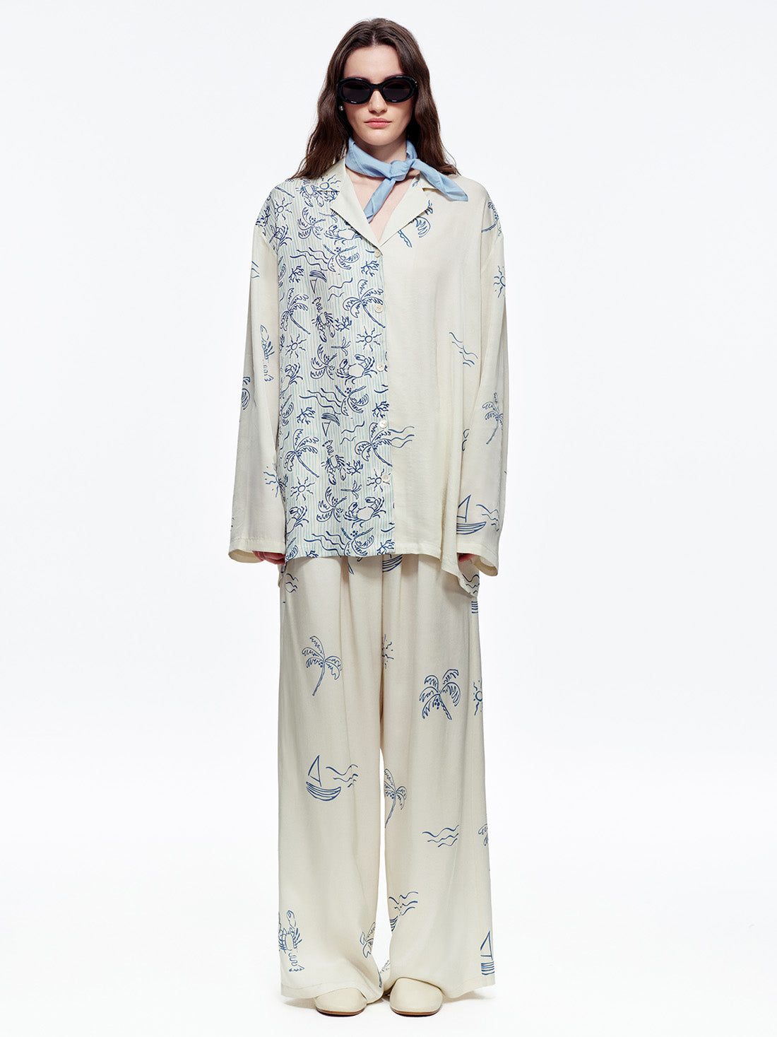 Milk Apricot Coastal Print Long Pajama Set