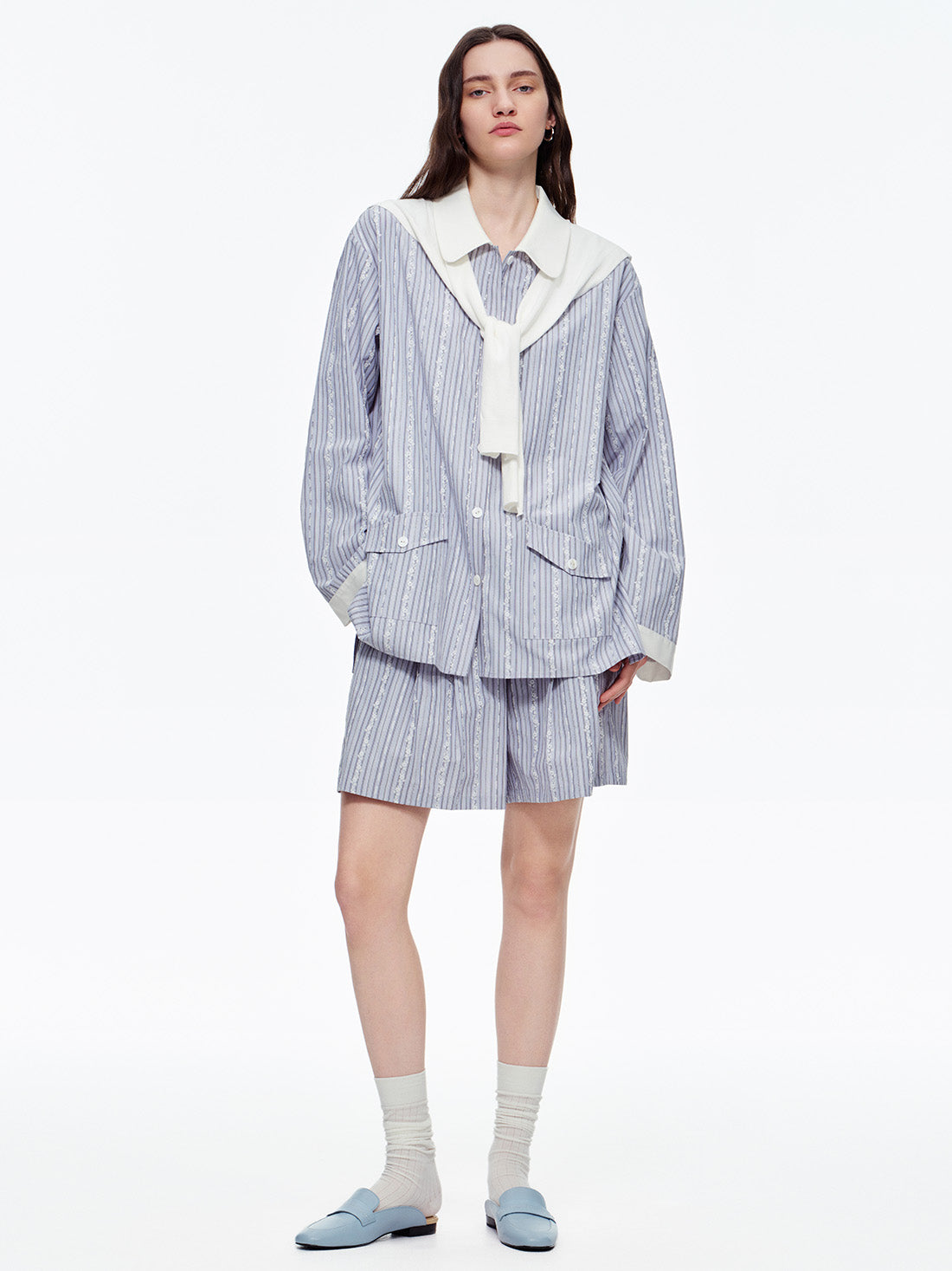 Lavender Lace Stripe Short Pajama Set with Pockets