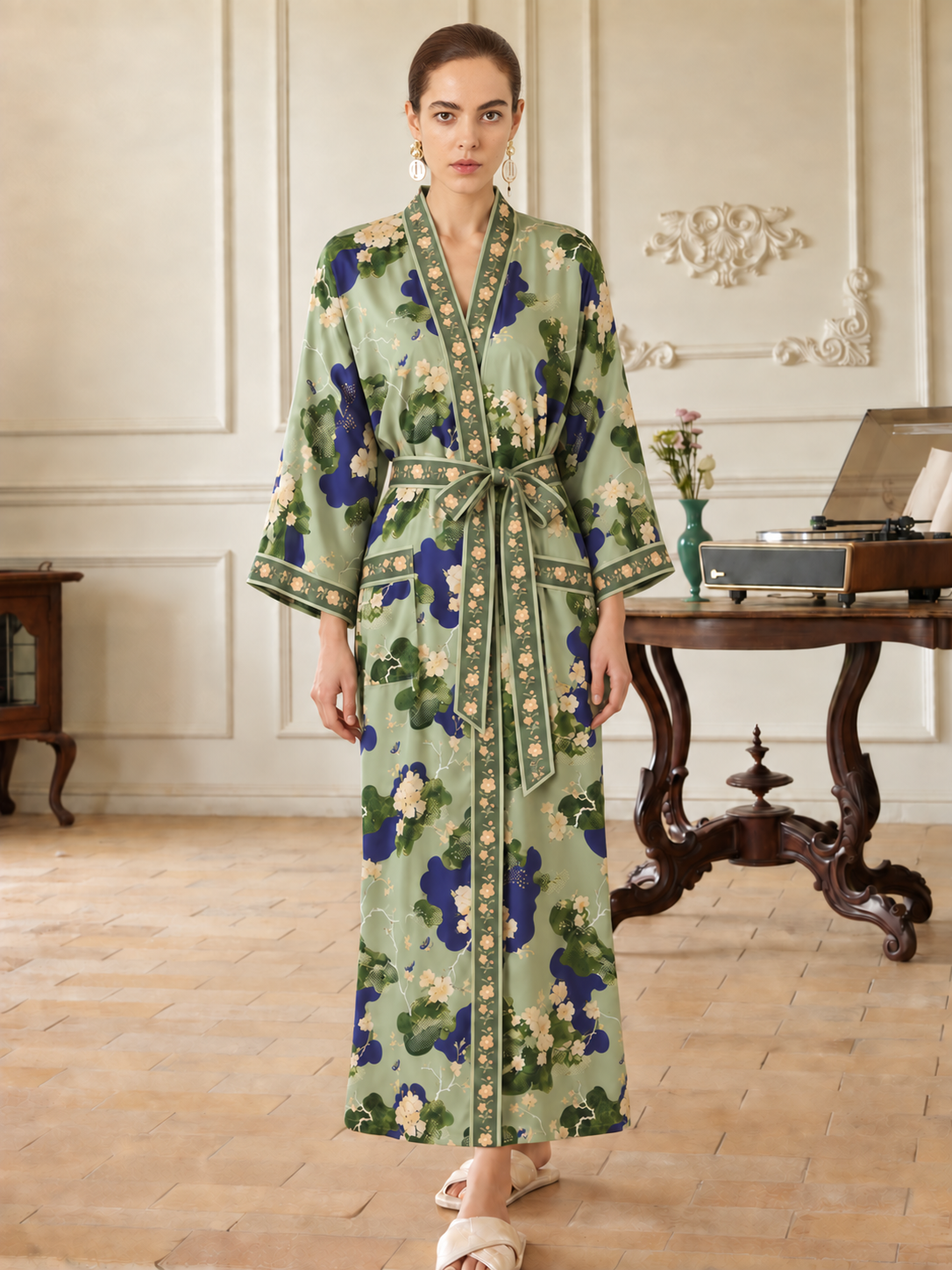 Olive Blossom Kimono Robe with Pockets