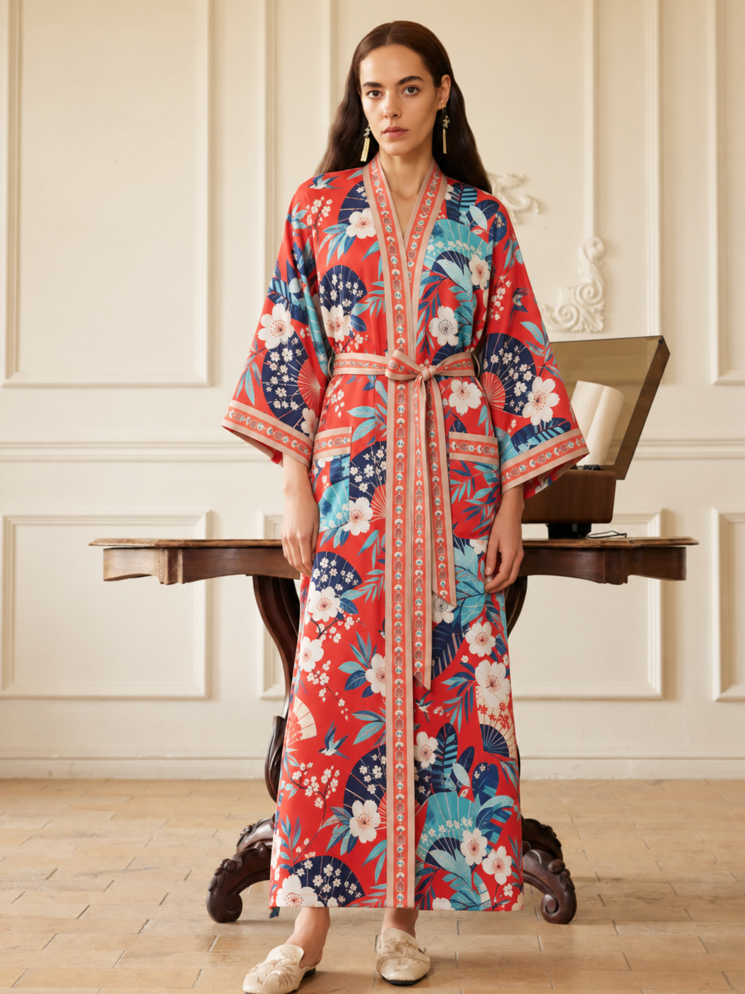 Coral Chinoiserie Kimono Robe with Pockets
