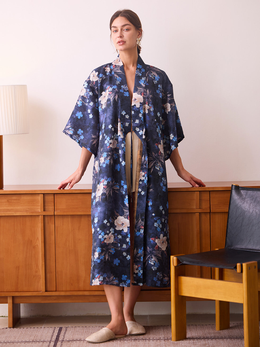 Navy Floral Garden Shimmer Kimono Robe