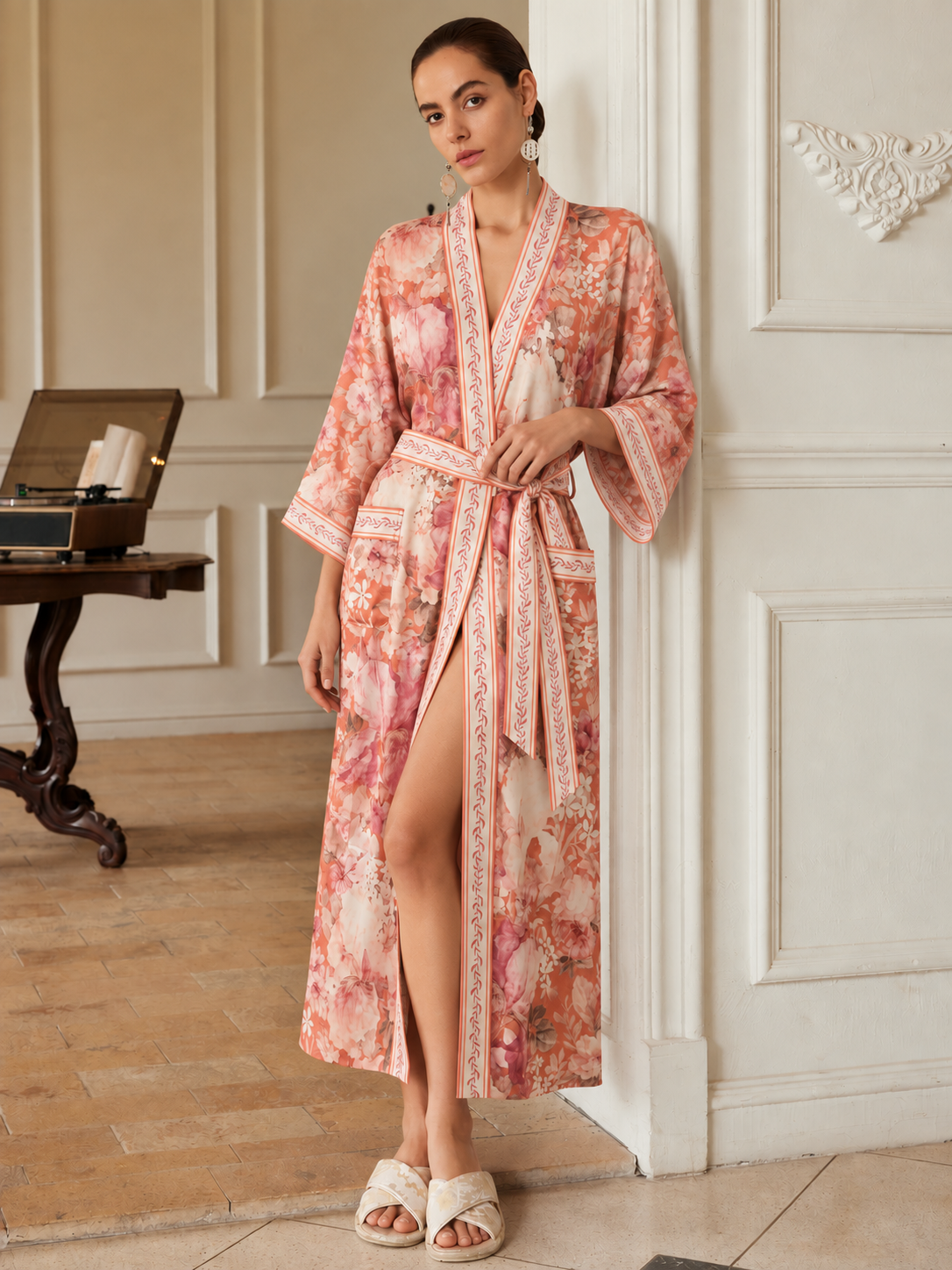 Coral Sunset Kimono Robe with Pockets