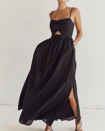 Black Breathable Spaghetti Strap Dress-Holiday