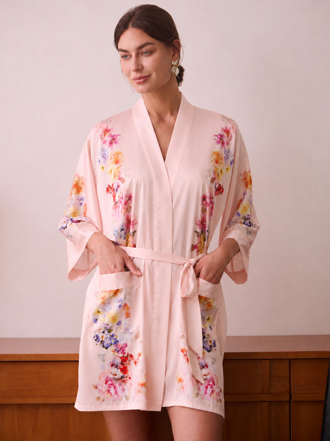 Blush Blossom Short Kimono Robe Pockets