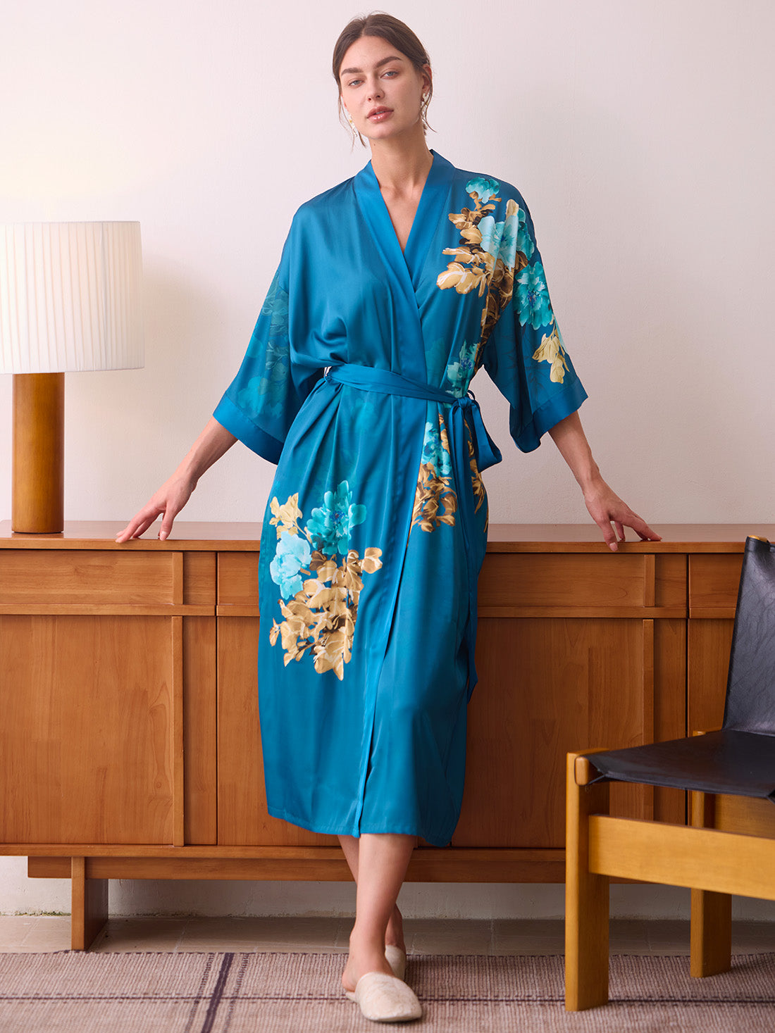 Teal Orchid Bloom Kimono Robe