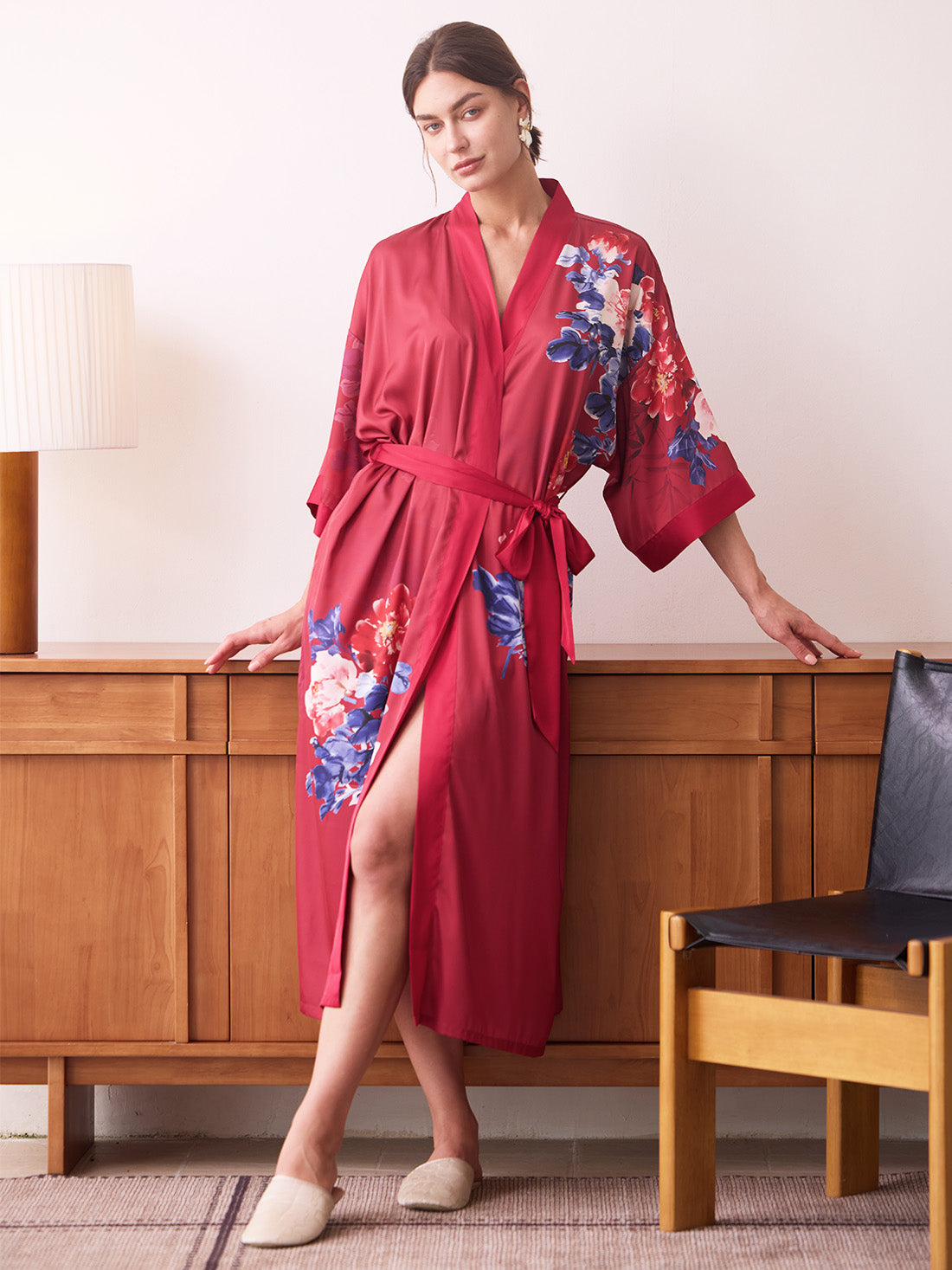 Berry Red Peony Kimono Robe