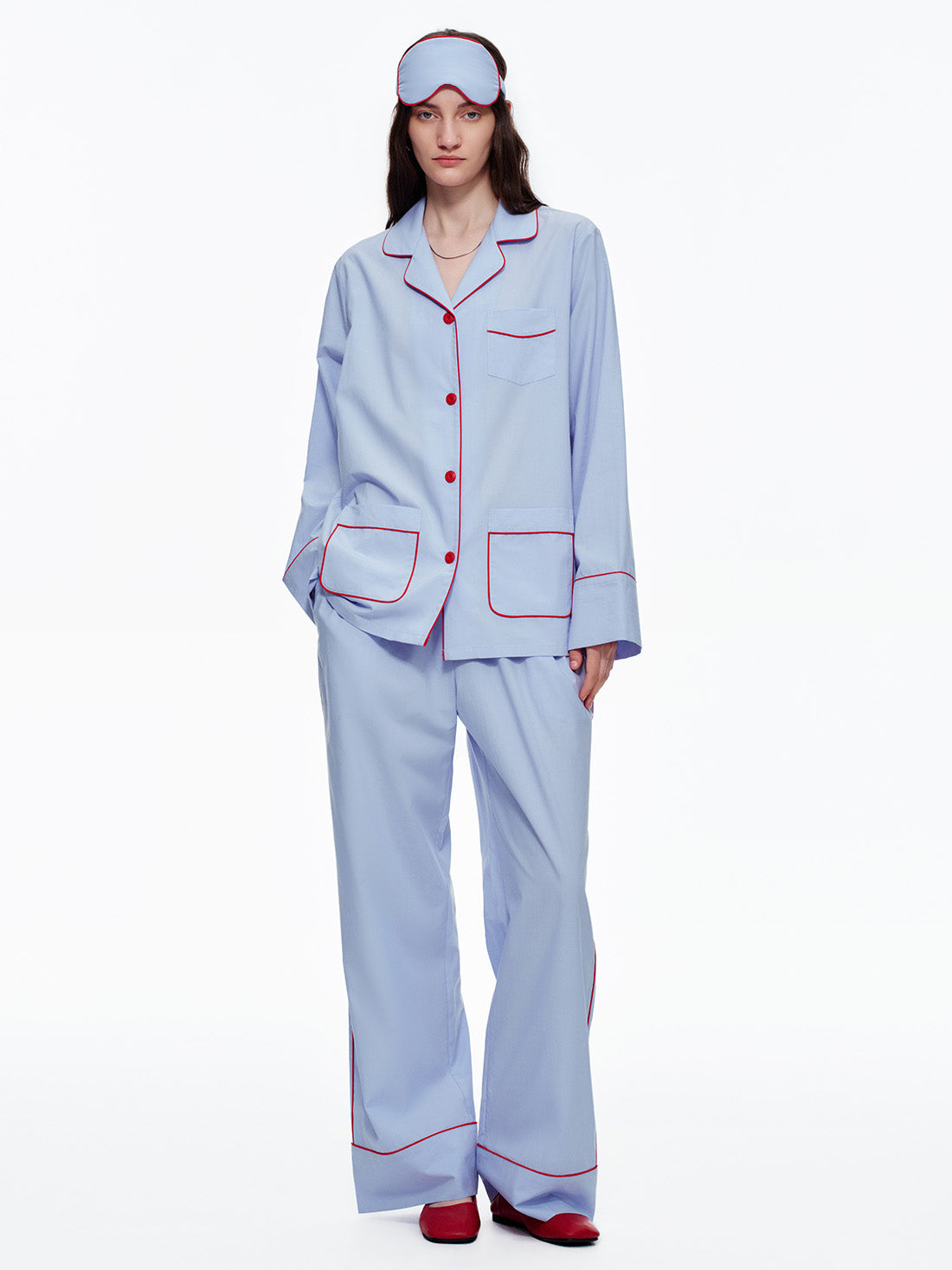 Powder Blue Classic Long Pajama Set with Pockets