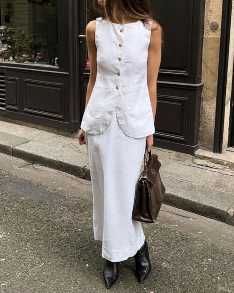 White Square Neck Vest & High Waist Skirt Set