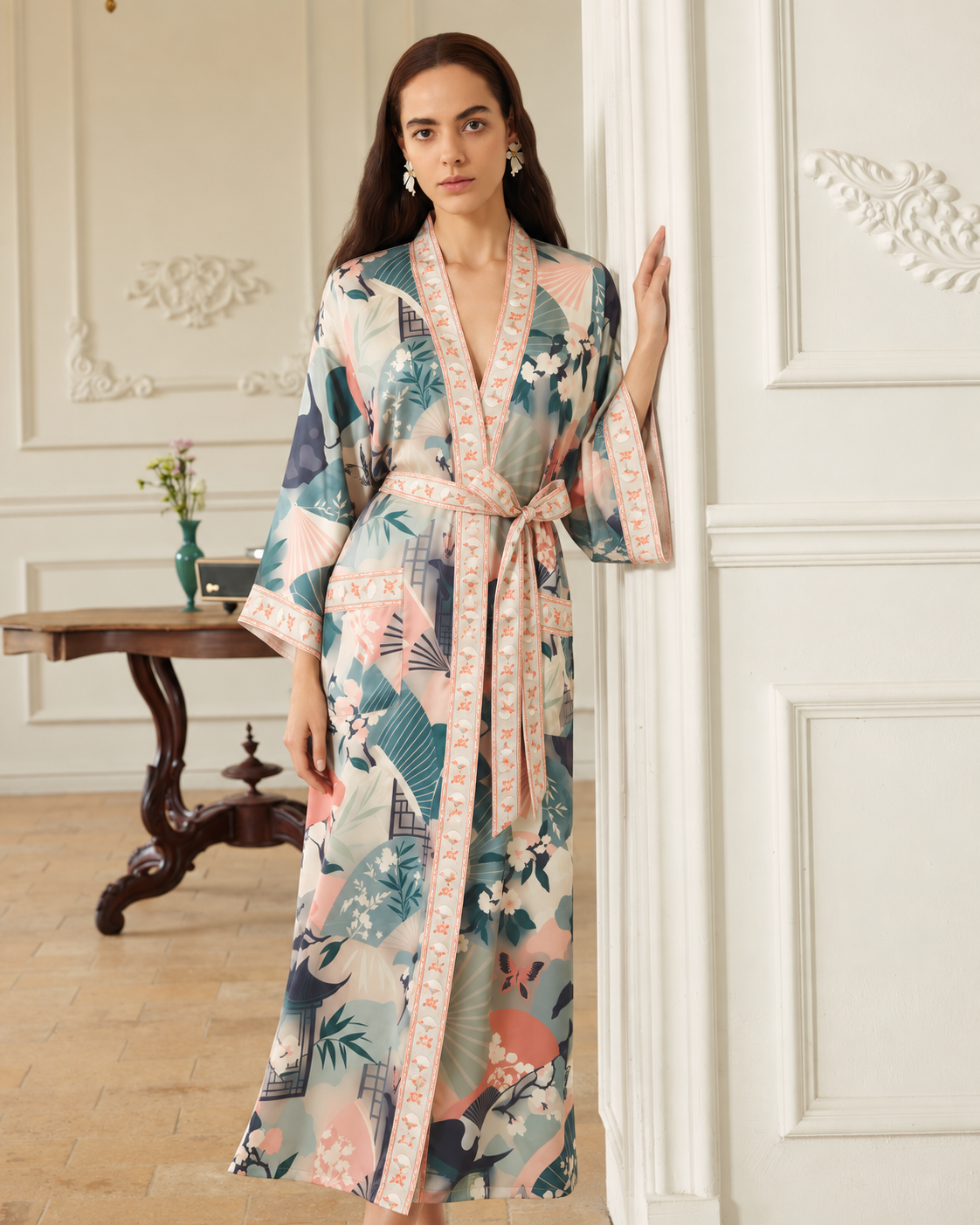 Sage Garden Fan Long Kimono Robe with Pockets