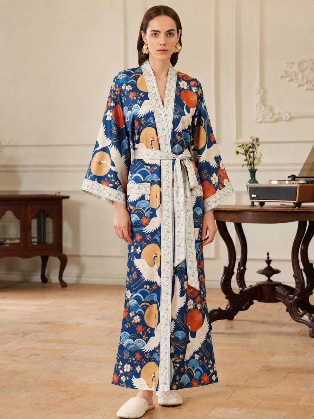 Moonlit Cranes Kimono Robe with pockets