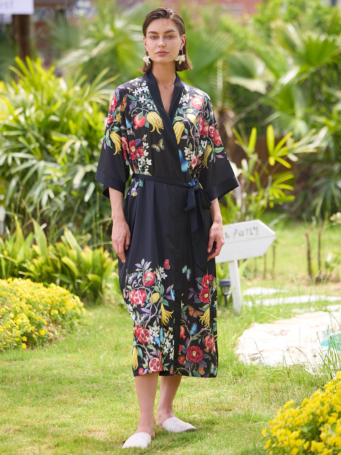 Black Botanical Kimono Robe