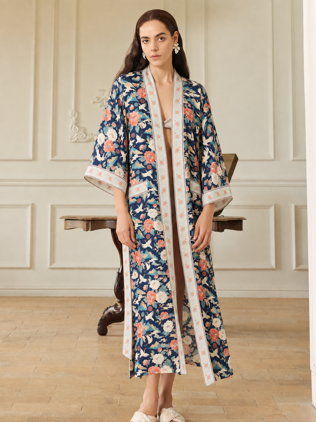 Oriental Peony & Crane Kimono Robe